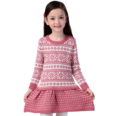 

Xin Song girl pink fashion snowflakes long-sleeved sweater dress autumn and winter England design warm hedge knit dress C306A140
