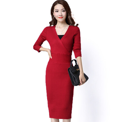 

A pond morning 2017 fashion V collar Slim big yards underwear shirt high collar sweater women&39s hats in the long section of knitted sexy long-sleeved dress spring S63U9993 wine red
