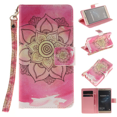 

Pink flower Design PU Leather Flip Cover Wallet Card Holder Case for HUAWEI P9