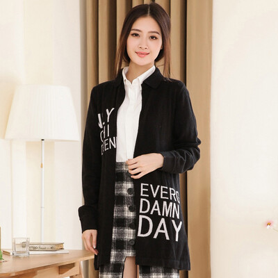 

MAZOE hit color letters fashion lapel long section knitted cardigan Z1120 black L