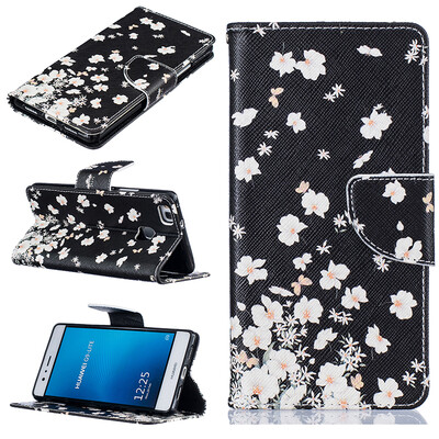 

Small white flowers Design PU Leather Flip Cover Wallet Card Holder Case for HUAWEI P9 Lite