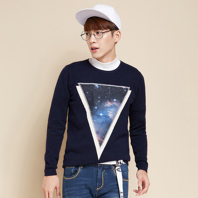 

Semir Men's round neck collar hit color geometric star print paste sweater Korean wave tide 19416061901 wine red M