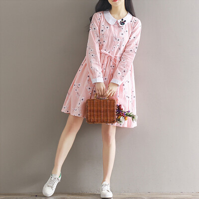 

City Plus CITYPLUS Sen Female College Wind Small Fresh Loose Embroidery Print Long Sleeve Dress CWQZ173154 Light Blue