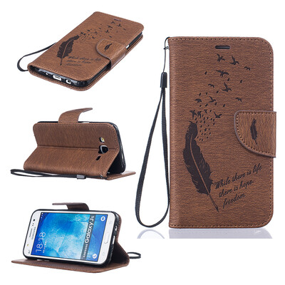 

coffee Feathers and birds Style Embossing Classic Flip Cover with Stand Function and Credit Card Slot for SAMSUNG Galaxy J5