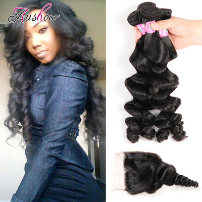 

8A Peruvian Virgin Hair With Closure 4PCS Peruvian loose Wave Hair Bundles With 1PC Lace Closure 4x4 Part 100% Human Hair Weave