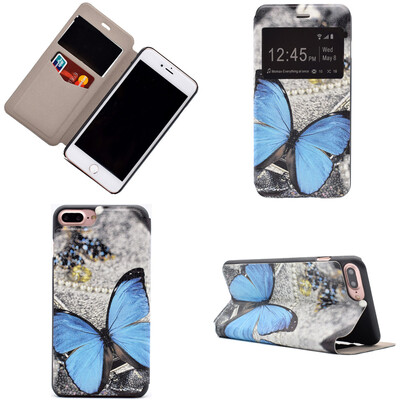 

Blue Butterfly Design PU Leather Flip Cover Wallet Card Holder Case for iPhone 7 Plus