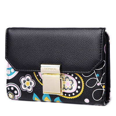 

venuco печать врезной замок женский короткий параграф бумажник ретро небольшой свежий хит цвет многофункциональный бумажник D01W66 сцепления черный студентов