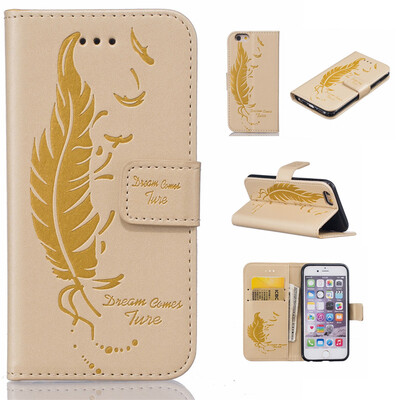

Golden Plumes and birds Embossed PU Leather Wallet Case Classic Flip Cover with Stand Function and Credit Card Slot for IPHONE 6/6