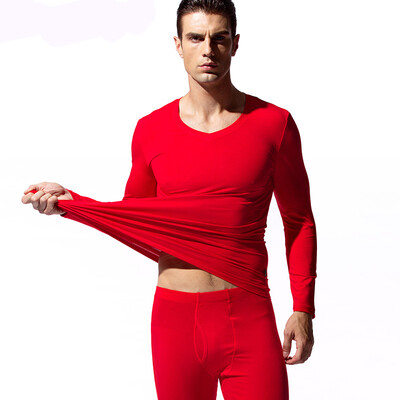 

Han Cai HACAI Mens Thermal Underwear Thin V-neck Modal Cotton Thermal Underwear Set Red 175\100