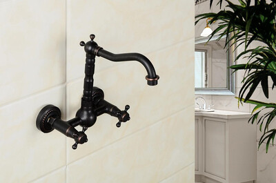 

Classic Wall Mounted Double Handle Black Brass Kitchen Faucet