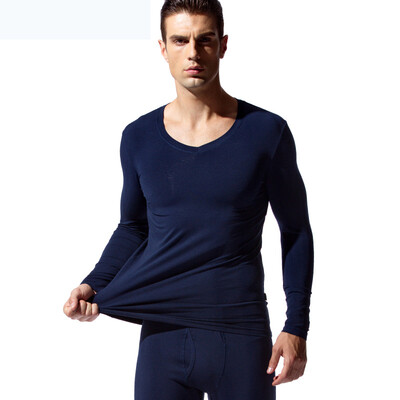 

Han Cai HACAI Mens Thermal Underwear Thin V-neck Modal Cotton Thermal Underwear Set Baolan 185\1103XL