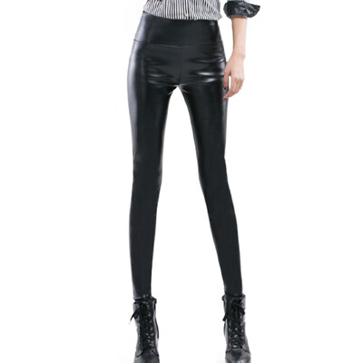 

MAZOE pu leather pants women wear black leggings high waist plus velvet thick feet pants M8868 black