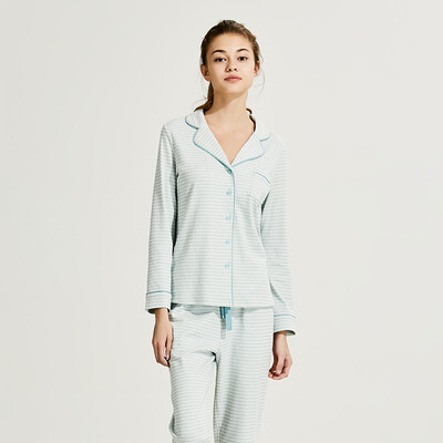 

Card spring autumn cotton fine striped long sleeve lady pajamas casual home service set pink green silver line  KS1634244W