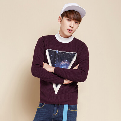 

Semir Men's round neck collar hit color geometric star print paste sweater Korean wave tide 19416061901 wine red M