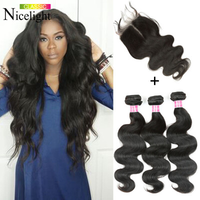 

Nicelight Hair Brazilian Virgin Hair With Closure 3 Bundles Lace Closure Body Wave With Closure HumanHair Silk Base Closure