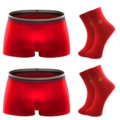 

Heng Yuan Xiang men's Ben life embroidery blessing underwear socks combination loaded red socks 2 double + red red angle underwear 2 185/110