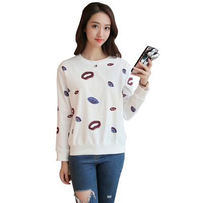 

Long Yue Women 2017 spring new fashion long-sleeved sweater round neck hedging loose wild big yards primer shirt T-shirt LWWY171114 white
