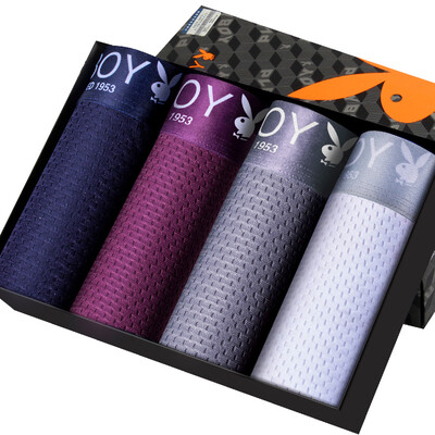 

PLAYBOY Mens Ice Silk Underwear Breathable Waistline Mesh Boxers Sapphire Blue Purple Dark Grey&White  4pcs