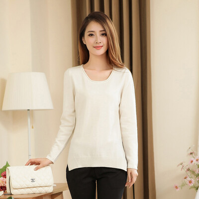 

Cashmere Shijie Pure Color Long Sleeve Round Collar Neck Sweater Slim Sweater R1123 White