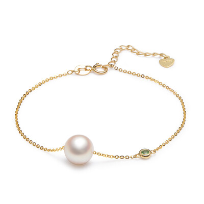 

Beijing Run Pearl pinched 8.5-9mmG18K gold inlaid round akoya sea water pearl bracelet white with sand french stone 16cm plus 3cm extension chain