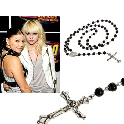 

Mens Cross Pendant Black Simulated-Pearl Rosary Beads Necklace Silver tone
