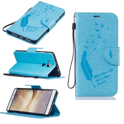 

Light blue Feathers and birds Style Embossing Classic Flip Cover with Stand Function and Credit Card Slot for HUAWEI Mate 8