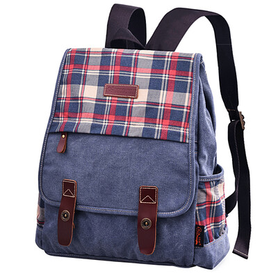 

Bean Drums Canvas Shoulder Backpack Women Korean Style Leisure Leisure Grid School Wind Student Bag G00128 Blue