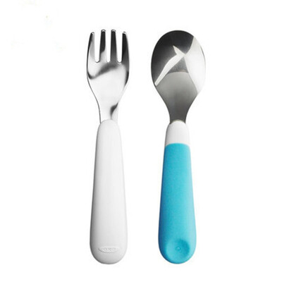 

Austrian show OXO childrens stainless steel fork spoon set baby practice tableware non-slip handle blue without BPA