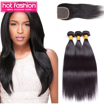 

8A Unprocessed Brazilian Virgin Hair Straight With Closure Brazilian Straight Hair With Closure 3 Pcs Brazilian Hair With Closure