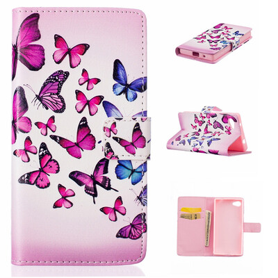 

Pink&blue butterfly Design PU Leather Flip Cover Wallet Card Holder Case for SONY Xperia Z5 CompactMini