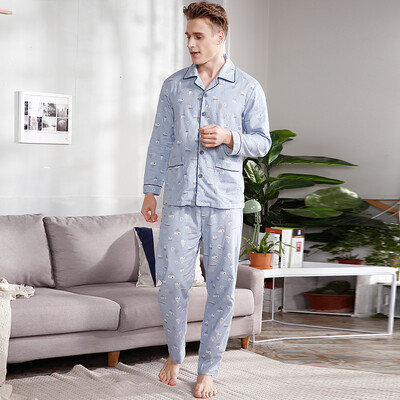 

Red beans home couple pajamas men&women spring&autumn cotton long-sleeved cartoon printing cardigan home clothing suit 413 blue 170 92A