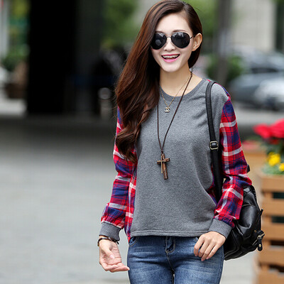 

Women Checked Long Sleeve Casual Loose Tee Shirt Tops Blouse Round Neck