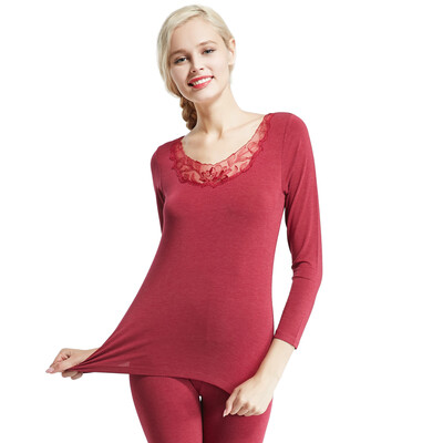 

Modal V-neck lace Qiuyi Qiuku womens mens velvet high-elastic fever base thermal underwear set magenta