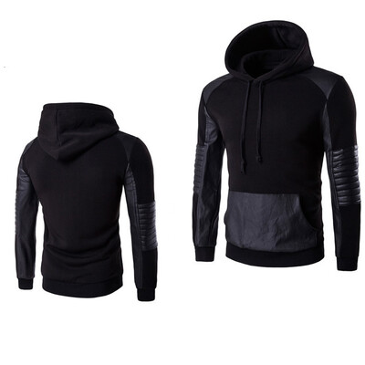 

Mens Sweatshirt Cotton and Pu Splicing Pullover Hoodie