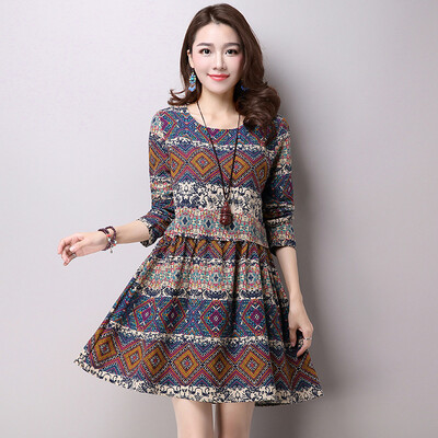 

2 Colors M-2XL Plus Size Women Autumn Dress 2016 Fashion Chinese Style Print Full Mimi Dresses
