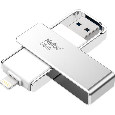 

Netac U650 128G Apple mobile phone USB flash drive USB30 Apple official MFi certified dual interface mobile computer with two-way rotary encryption protection silver white