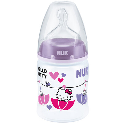 

NUK wide caliber bottle PP plastic baby bottle 150ml with anti-flatulence silicone nipple 0-6 months silicone hole Hello Kitty purple German import