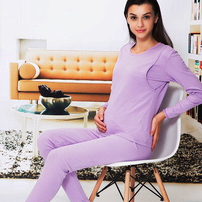 

Aibo paternity clothing pregnant women nursing clothing autumn clothes pants suit pregnant women pajamas side open breast feeding M305 purple L