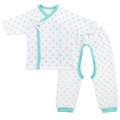 

Xin Song baby cotton air layer shirt + open crotch pants warm suit autumn and winter underwear suit gray blue star A061D59