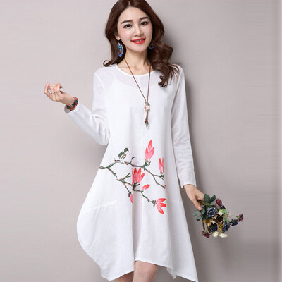 

2 Colors M-XXL Plus Size Autumn Dress Fashion Chinese Style Women Dress Print Knee-Length O-Neck Loose Dresses