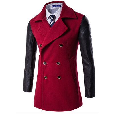

Winter Men Double-breasted Pu Sleeve Stitching Double Collar Coat