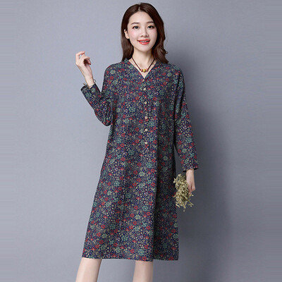 

3 Colors 2XL Plus Size Loose Dress 2016 Floral Print Cotton And Linen Dresses For Party Fashion Autumn Dresses