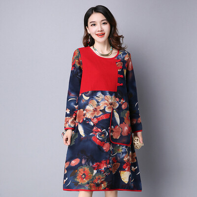 

Famous Brand Women Dress 2016 New Chinese Style Autumn Dress Fashion Print Full Pockets Loose Dresses