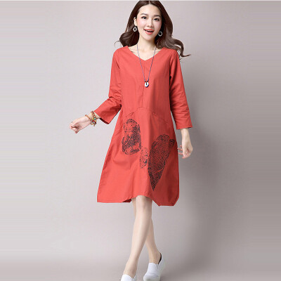 

M-2XL Plus Size 2016 Autumn Dress Fashion Chinese Style Print Three Quarter Women Dresses