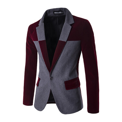 

Korean Mens Blazer Stitching Color Woolen Coat One Button Suit