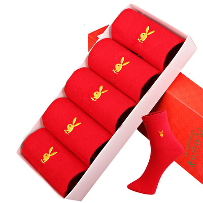 

【Jingdong Supermarket】 Playboy Casual Mian Socks My life socks cotton socks in the tube 1095-5 wedding gift Hongyun men's cotton socks gift box 5 double red uniform