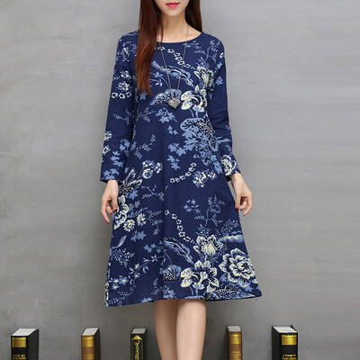 

2 Colors Plus Size Autumn A-Line Dress 2016 Fashion Print Full Pockets Women Clothing Cheap Cloth China