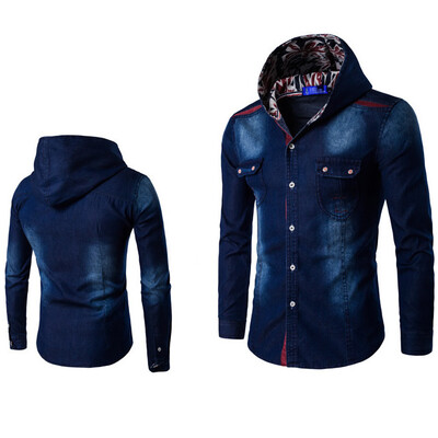 

Mens Hooded Denim Long Sleeved Shirt