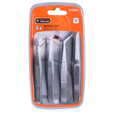 

Tactix 545065 4-piece set of stainless steel tweezers sets of precision models pointed flat head elbow bulletproof tip