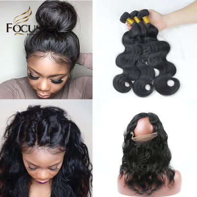 

Lady Focus Brazilian Virgin Hair Body Wave Human Hair 3 Bundles With 360 Lace Frontal Natural Black Pre Plucked Natural Hair Line